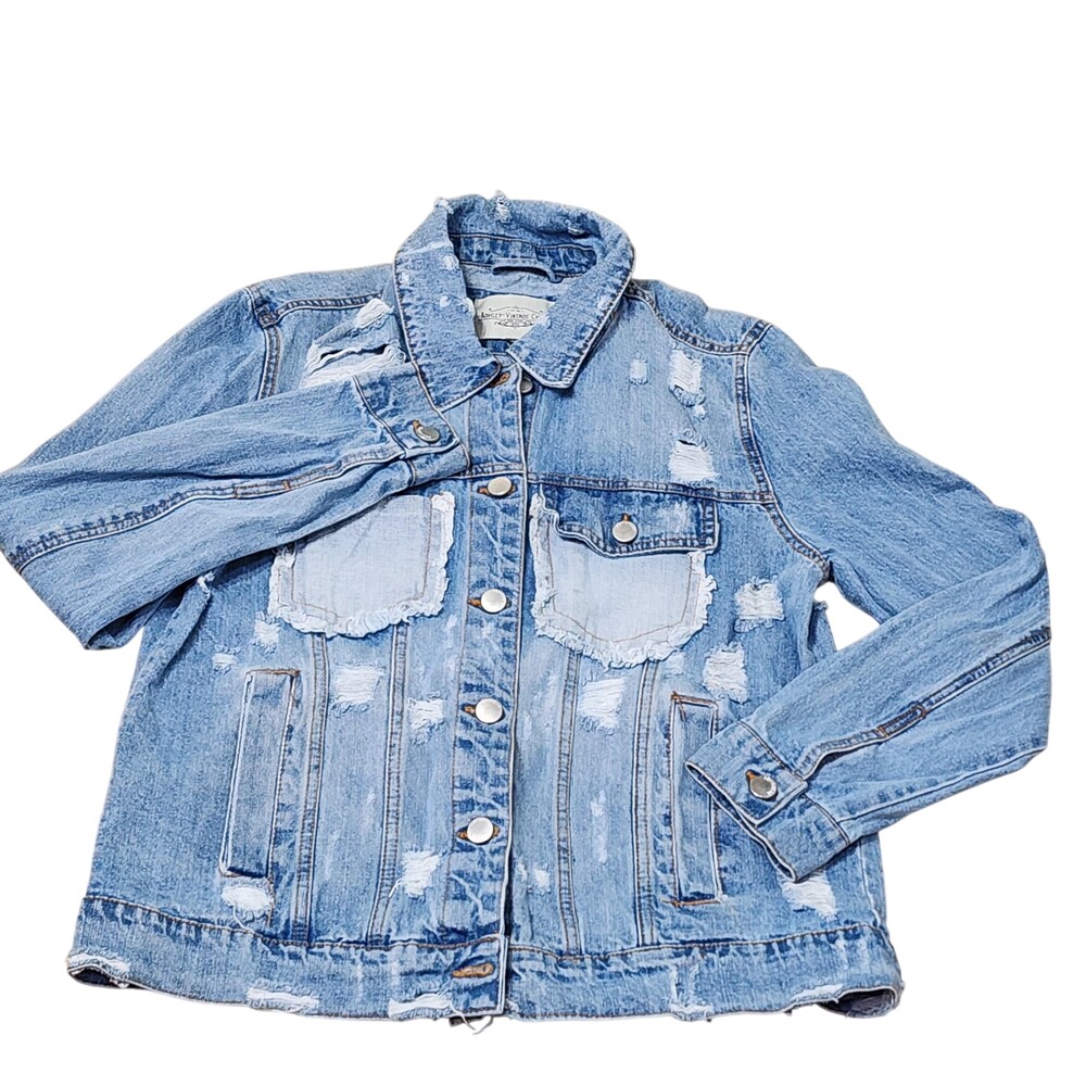 Ashley-Vintage Charm Jacket Womens Medium Blue Distressed Denim Trucker Ripped
